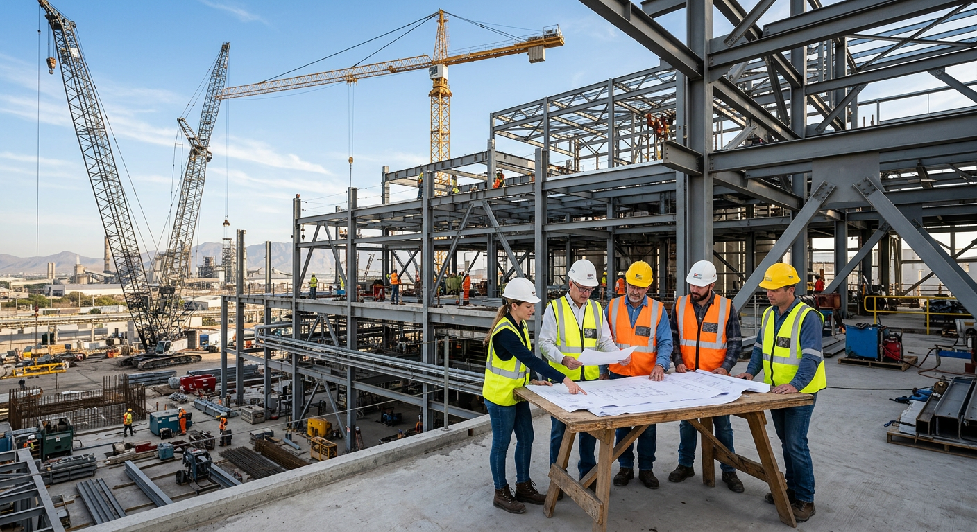Ingenieros revisando planos en una obra con estructura metálica y grúas