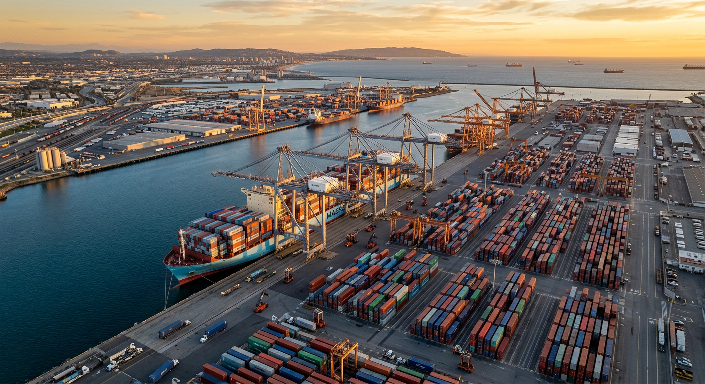 Vista aérea de un puerto comercial con buque portacontenedores y grúas