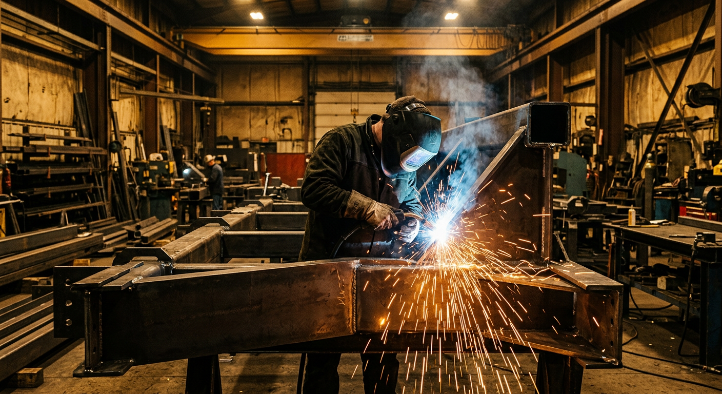 Soldador trabajando sobre una estructura de acero en un taller metalmecánico
