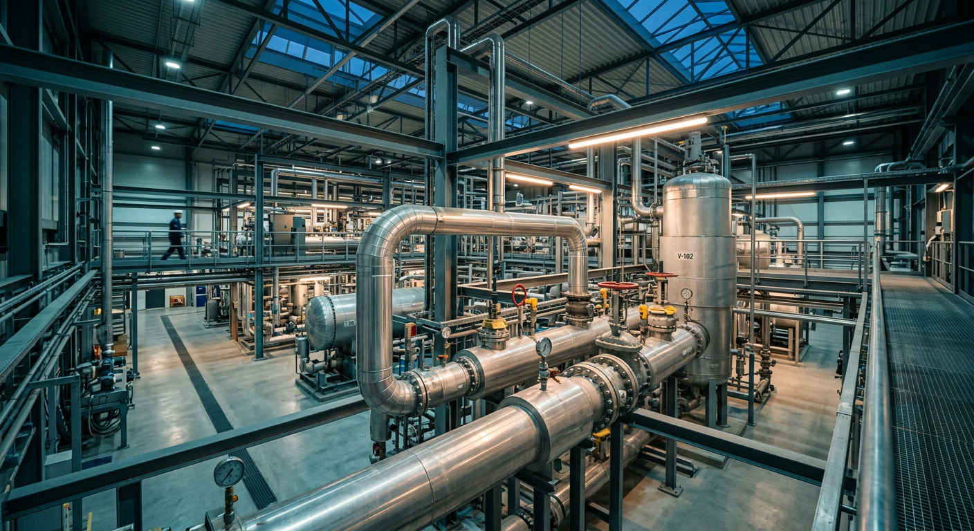 Interior de planta industrial con tuberías, válvulas y recipientes a presión