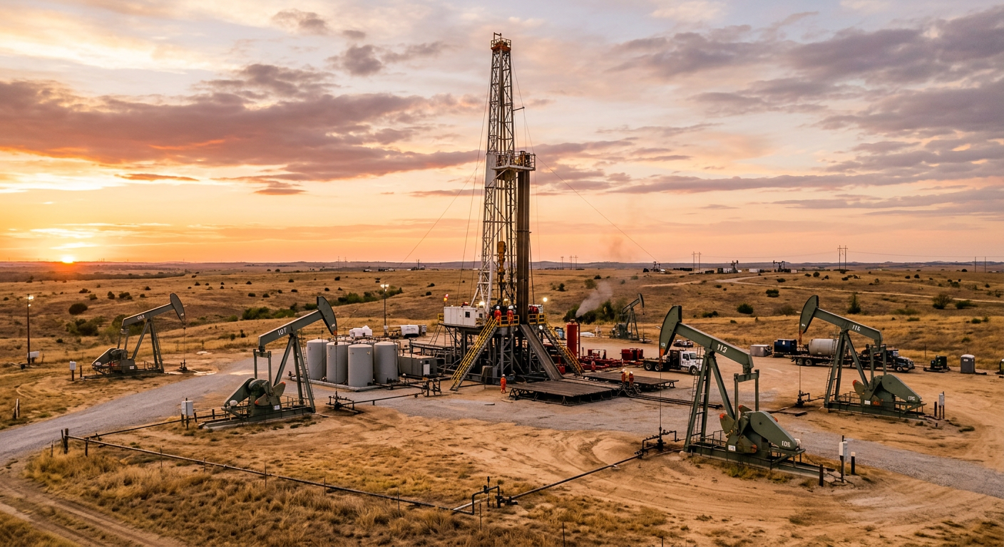Taladro de perforación y balancines petroleros al atardecer